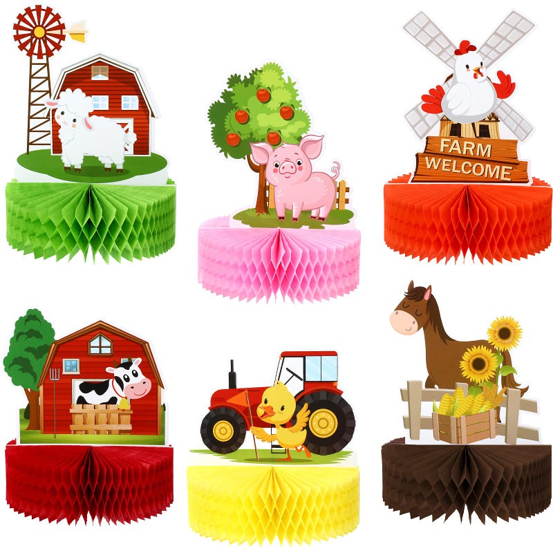 Threan 6 Pcs Farm Animals Party Decorations Honeycomb Centerpieces Farm Themed Cake Balls Table Toppers Barn, Birthday Party Supplies for 3D Table Decoration Baby Shower - Image 1